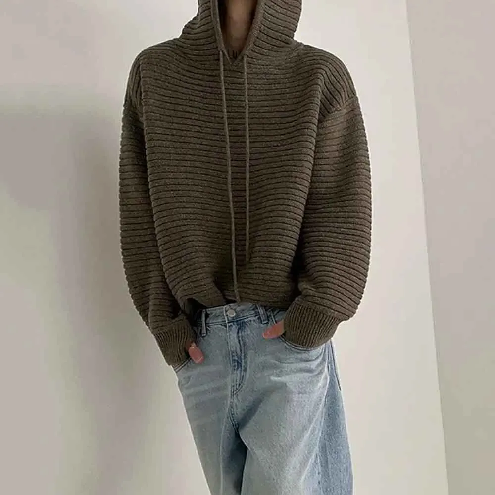 秋メンズ無地長袖フード付きニットセーターアメリカンレトロファッショントレンディカジュアルシンプルルーズメンズトップス2025