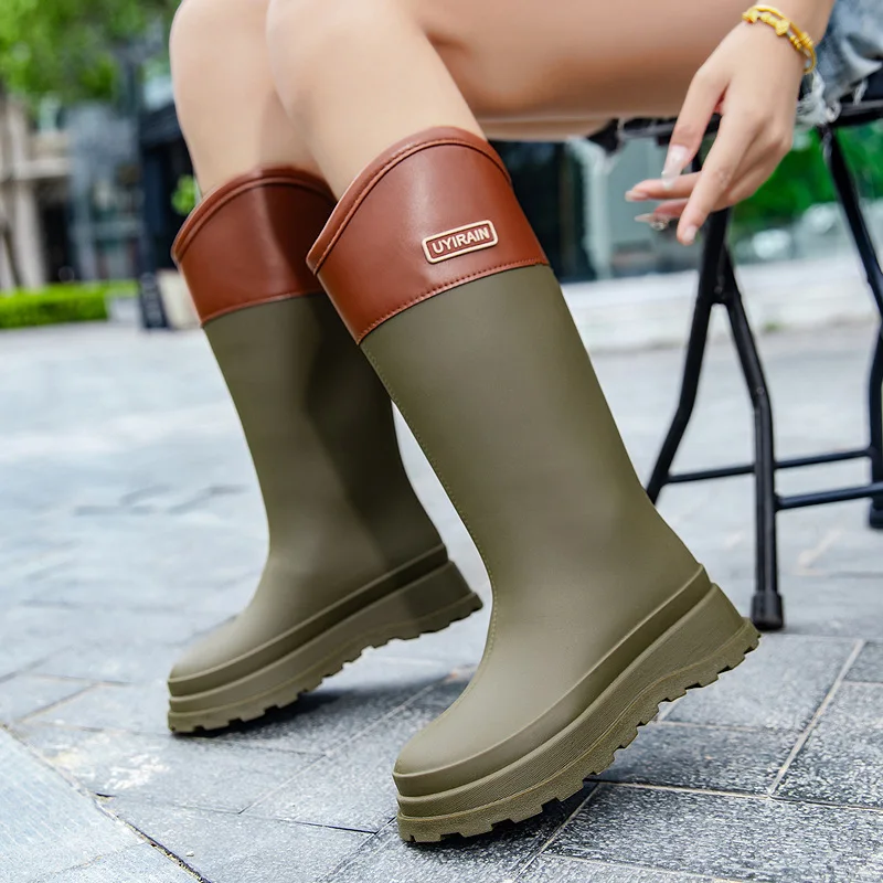 Winter High-Tube Rain Boots Women's Long Tube Pvc Spliced Keep Warm Waterproof Wear-Resistant Mid-Calf Work Footwear for Women