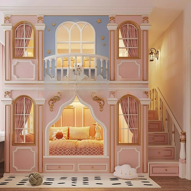 

Customizable Villa Luxury Castle Room Upper and Lower Bunk Beds Elevated Duplex Second Floor Tree House Secret Base Bed