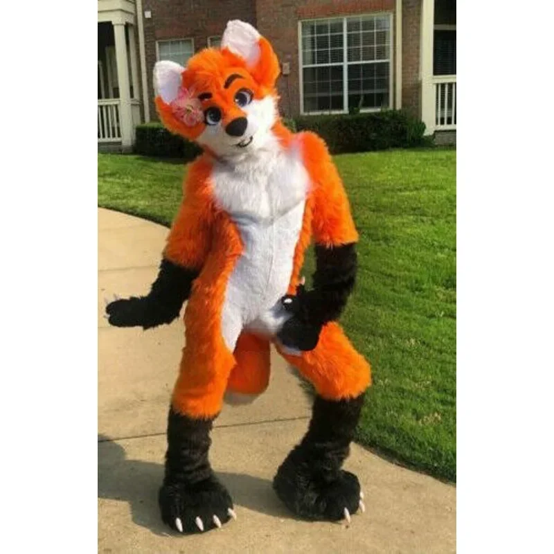 Fursuit Straight Leg Mascot Costume Long Furry Fox Halloween Canine Handmade Multi Color Patchwork Orange White