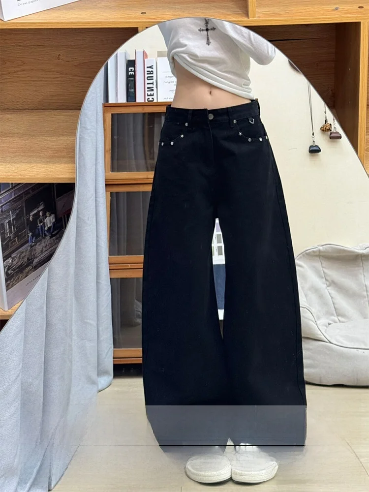 

plus Size American High Street Pocket Diamond Design Black Floor-Length Jeans Women Spring 2026 Slimming Thin Long Pants