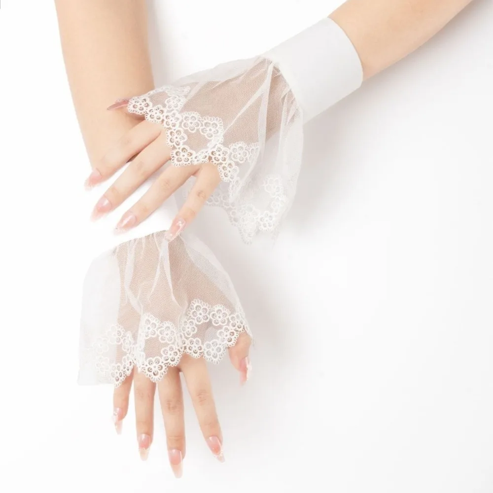 

1 Pair Elegant Versatile Lace Sleeves Elastic Solid Color False Sleeves Pleated Flare Floral Embroidery Lace Cuffs for Women