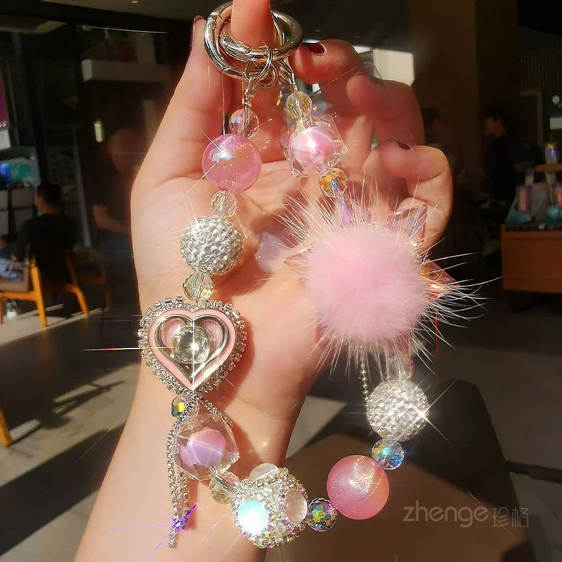 Short Hair Ball Gemstone Mobile Phone Lanyard Flash Diamond Wrist Strap Phone Strap Womens Clip Style Phone Case Universal Strap