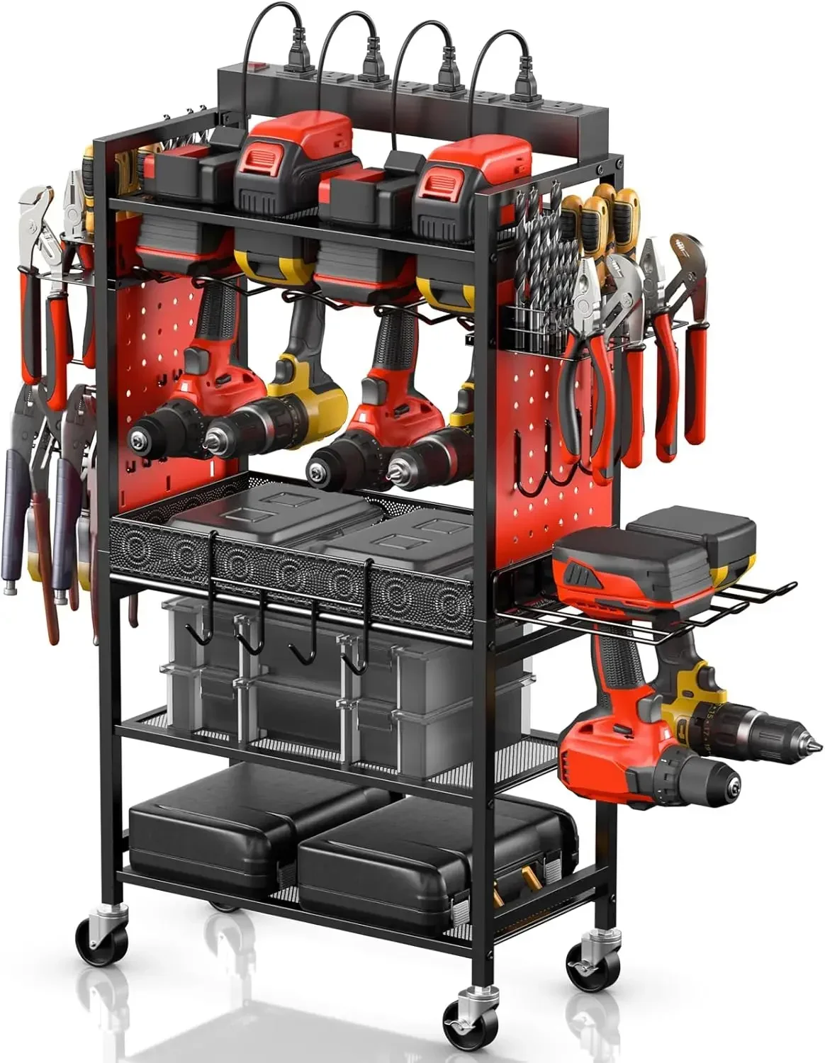 Tool Organizer Cart with Charging Station, Garage Floor Rolling Storage Cart on Wheels for Mechanic, Mobile 6 Drill, Tool Box Ut