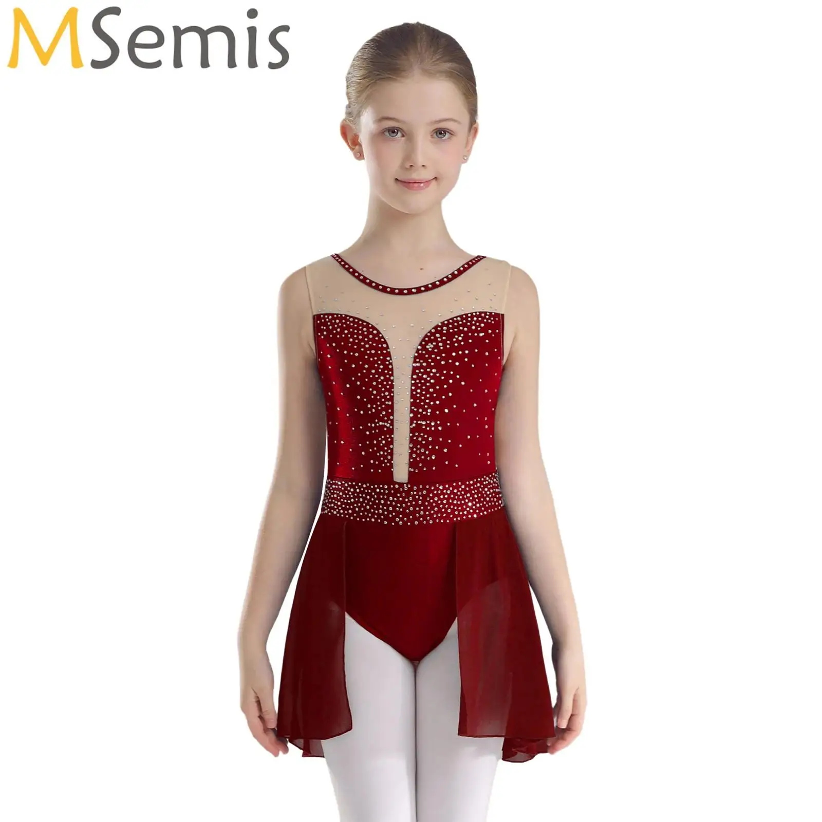 

Kids Girls Lyrical Dance Performance Costume Sparkly Rhinestones Ballet Gymnastics Skirted Leotard Dress Competition Dancewear