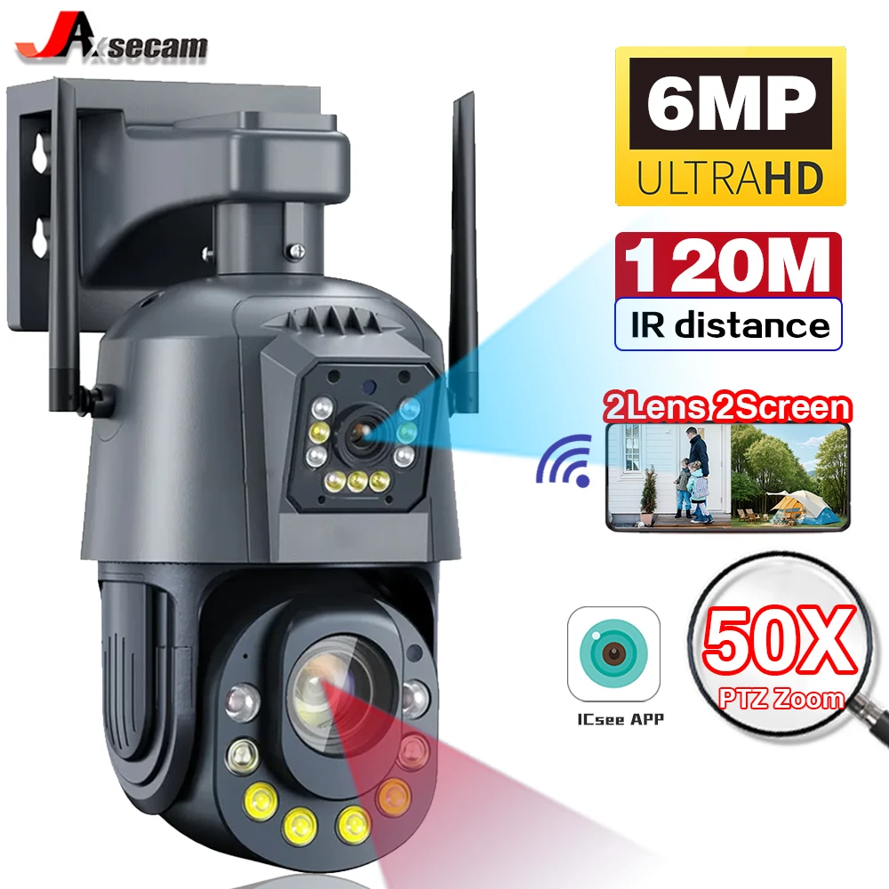 

6MP 50X Zoom PTZ IP Camera Dual Lens Dual screen Outdoor Human Detection Wireless CCTV Security Surveillance Camera 2 Way Audio