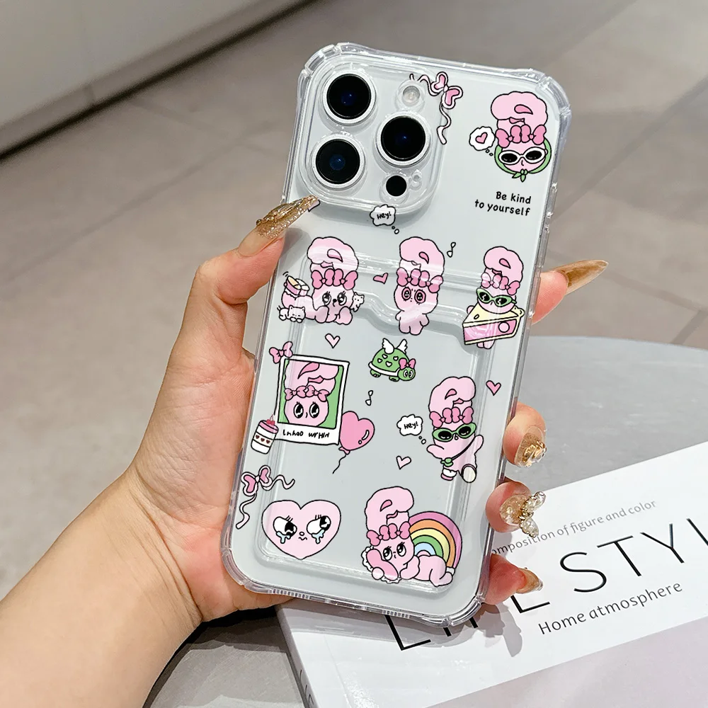 Cute Cartoon Esthers BunnyS Card Hold Case For iPhone 17e 17 16e 16 15 14 13 12 11 Mini Pro Max Air Plus Anti-fall Clear Cover
