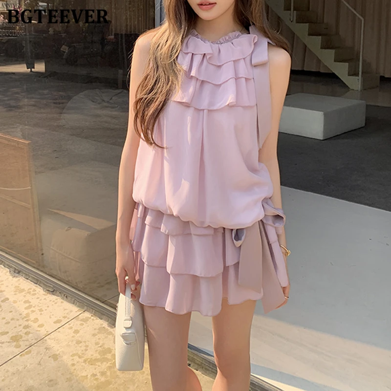 BGTEEVER Vintage Slim Waist Women 2 Pieces Skirt Set O-neck Sleeveless Blouses & High Waist A-line Mini Skirt Summer Skirt Suits