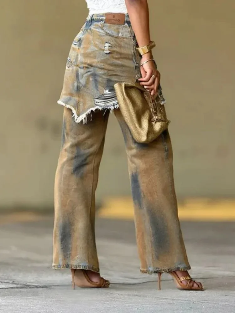 Vintage Street Tie-dye Jeans Women American Style Ripped Fake Two Piece High Waist Straight Leg Denim Pants Hip Hop Trend 2026
