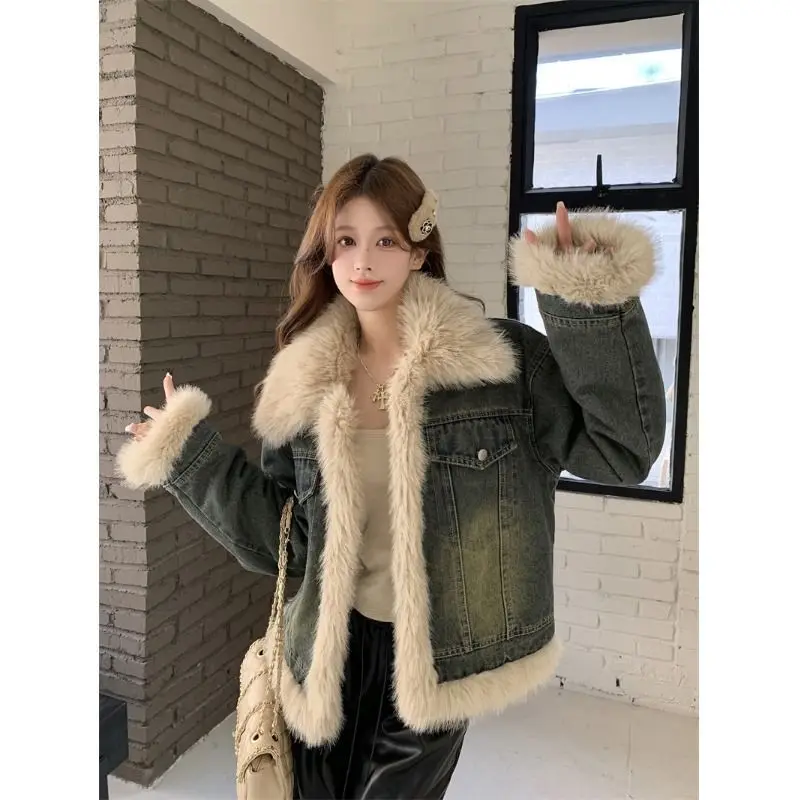 

Denim Coat For Women Long Fur Plush Womens Fall Slim-Fit Kpop Hip-Hop College Classroom Multi-Pocket Embellished Sequined Jacket