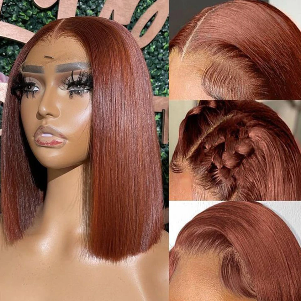 

Peruvian Short Brown Color Bob Wig Straight Lace Front Human Hair Wigs For Women Reddish Brown #33 Lace Part Wig With Baby Hair