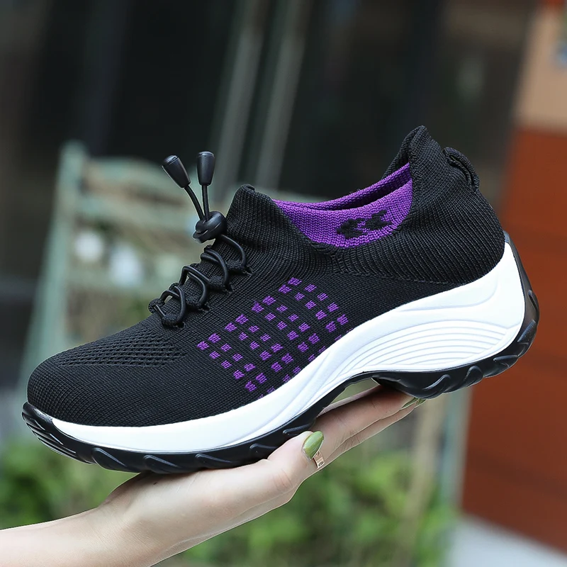 Women Walking Trainers Fashion Fly Weaving Sock Sneakers Breathe Comfort Nursing Shoes Casual Platform Loafers Non-Slip