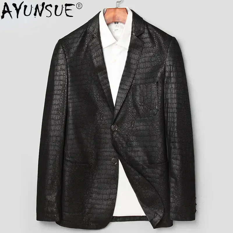 Leather Genuine Jackets for Men Clothing Crocodile Pattern Pure Sheepskin Business Suit Jacket Male Fashion Men's Tops FCY4758