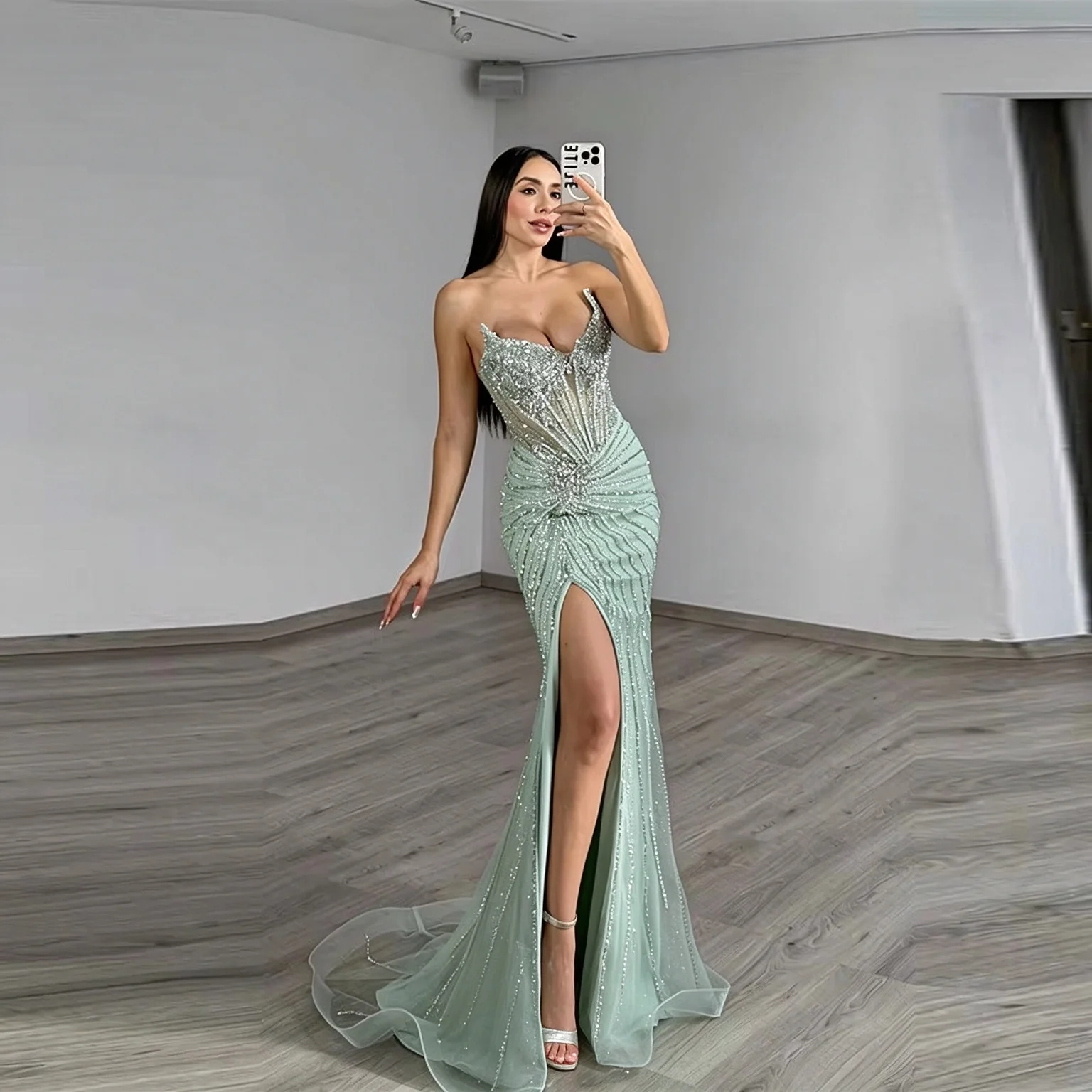 Sexy Evening Dresses For Women Sweetheart Neck Sleeveless Gown Crystal Sequins Split Side Floor Length Dress Party Customizd