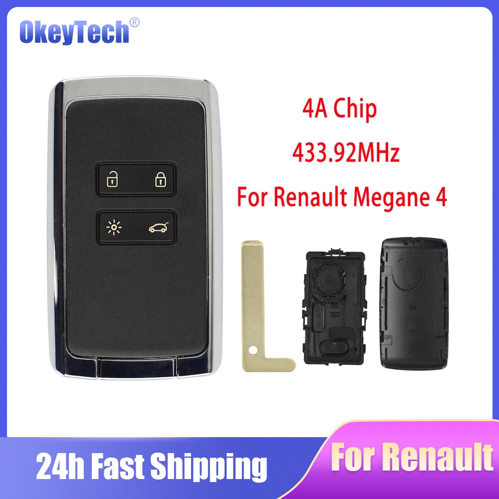 OkeyTech Car Alarm 4 Button Smart Remote Key For Renault Megane 4 Keyless Go / Entry Car Key 434mhz Hitag AES 4A Chip