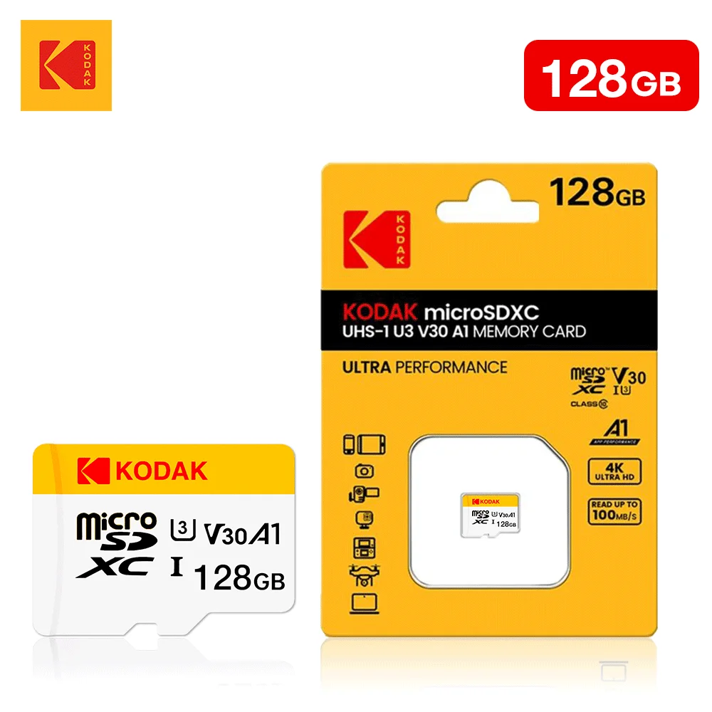 Kodak High Speed ​​Micro SD Card U3 Class 10, up to 100MB/s, TF Memory Card with Adapter - Available in 32GB, 64GB, and 128GB