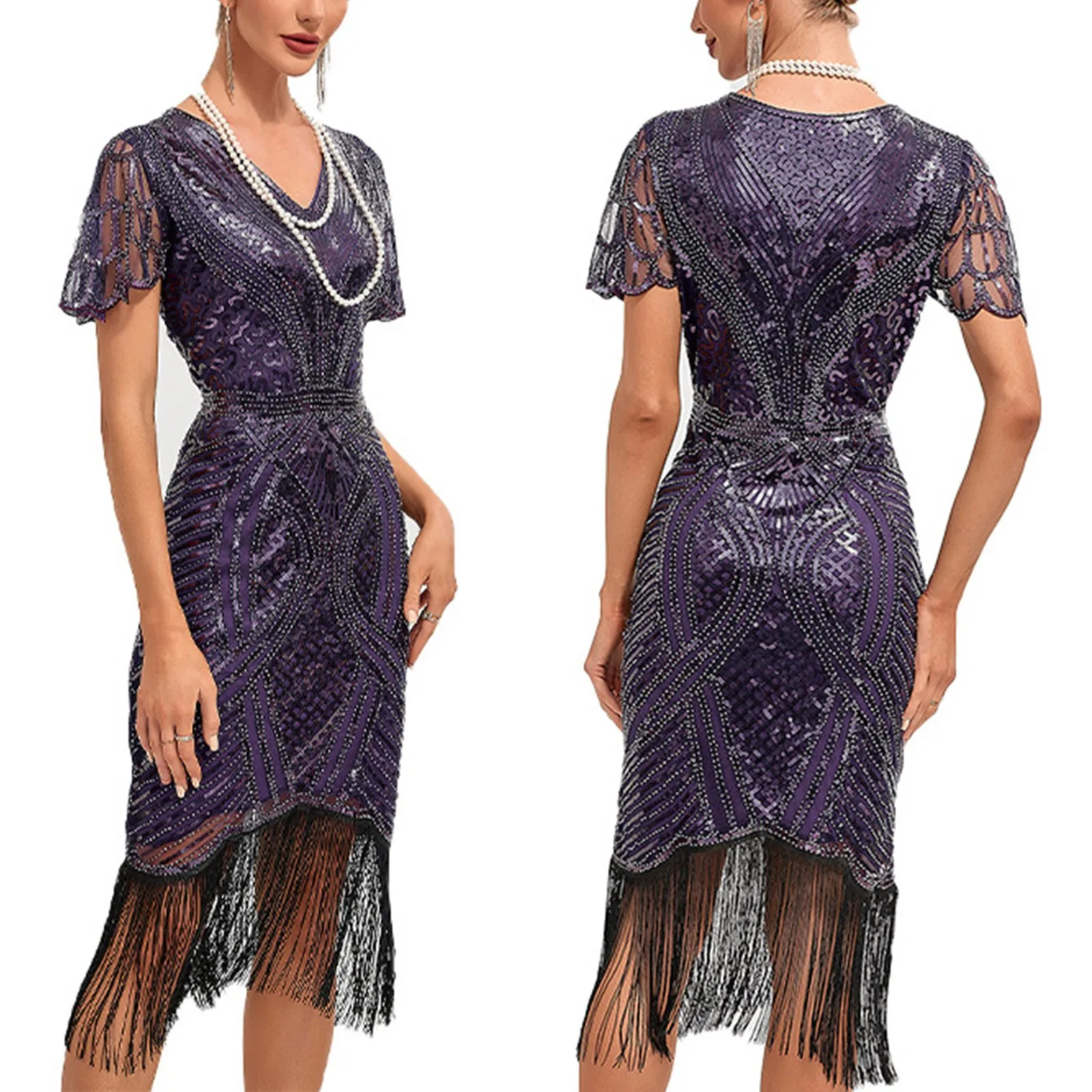 1920s Vintage Great Gatsby Dress Flapper Party Dress Women Tassels Hem Beaded Sequin Dresses Evening Cocktail Dress Elegant Robe