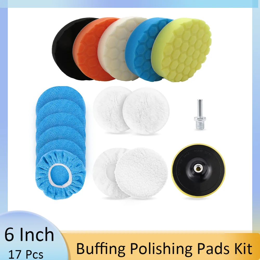 

6 Inch Buffing Polishing Pads Kit 17 Pcs Includes Wool Pad and Polishing Bonnets with M14 Drill Adapter for Car Polishing