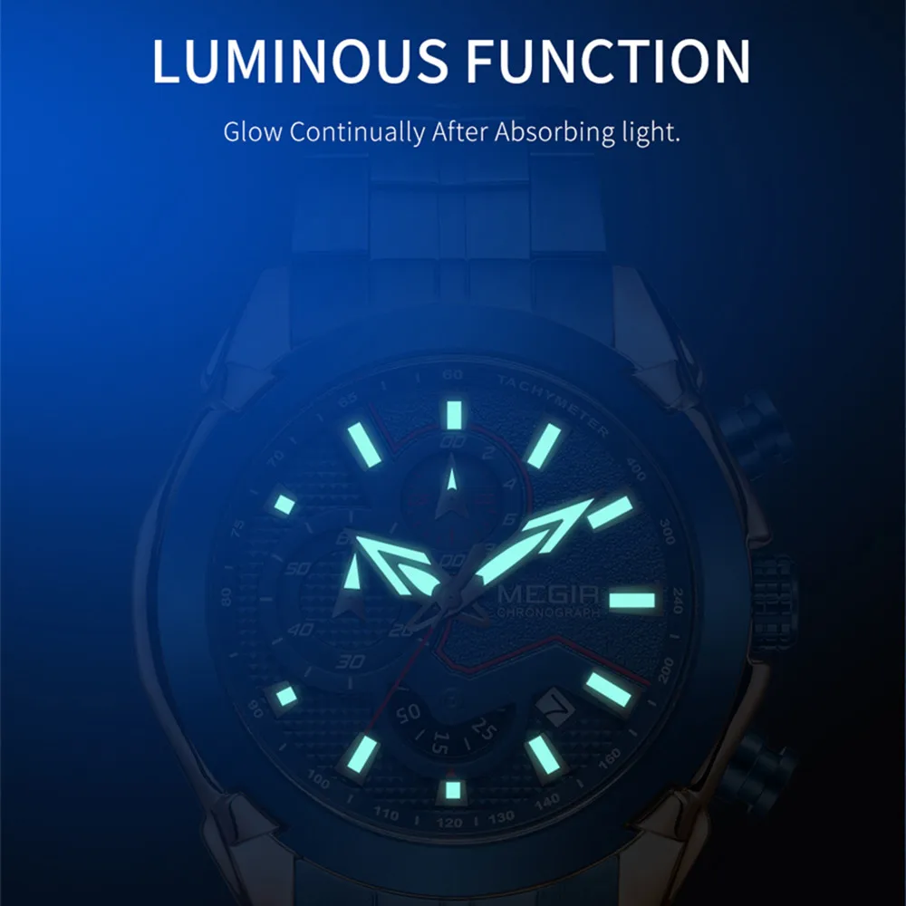 MEGIR موضة ساعات رجالية الأعمال كرونوغراف الفولاذ المقاوم للصدأ كوارتز ساعة اليد مقاوم للماء ساعة التقويم Reloj Hombre 2065