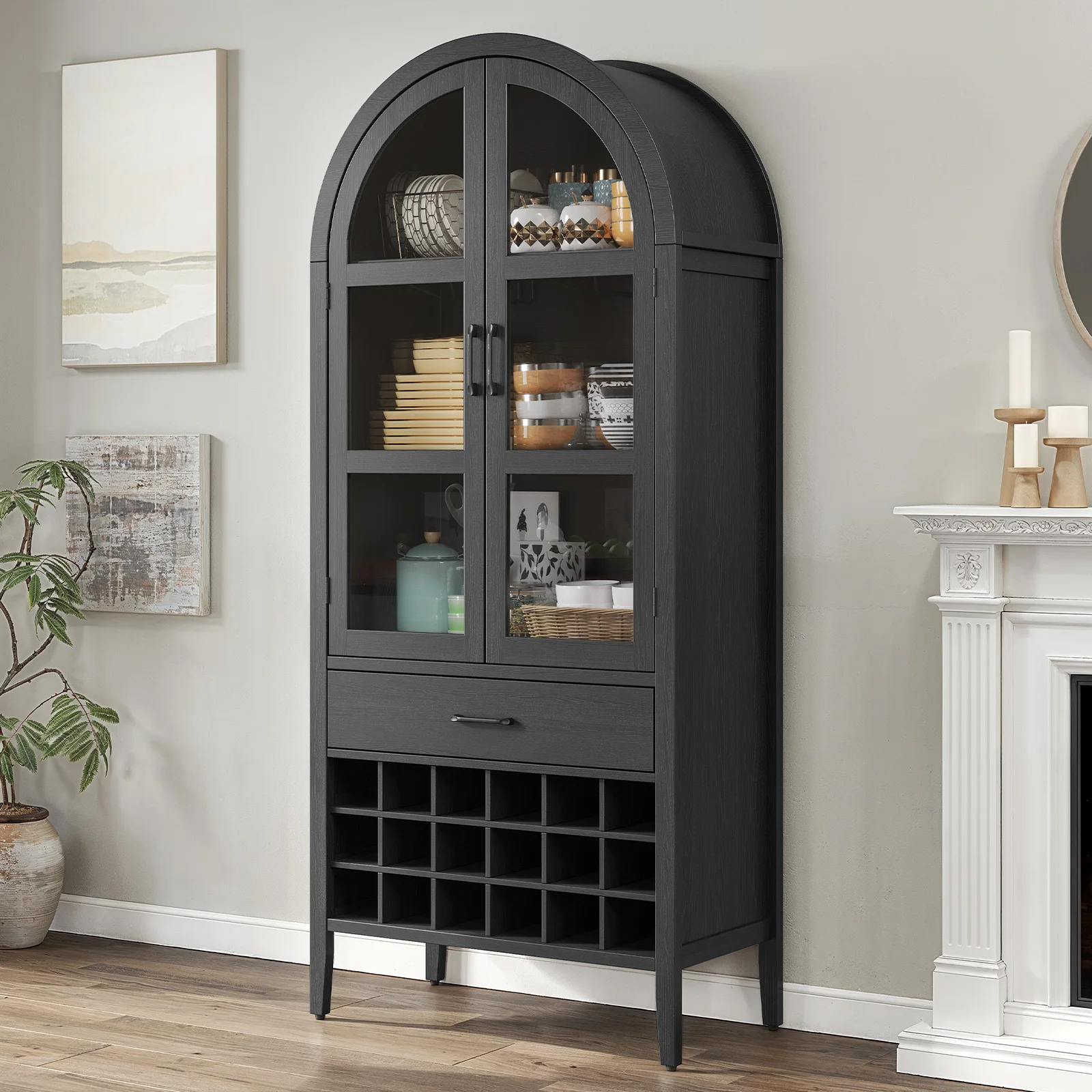 Gabinete para bar de vinos, gabinetes de almacenamiento arqueados de 71" de alto con puerta, gabinete para bar de licores, estación de whisky con botellero y soporte para copas