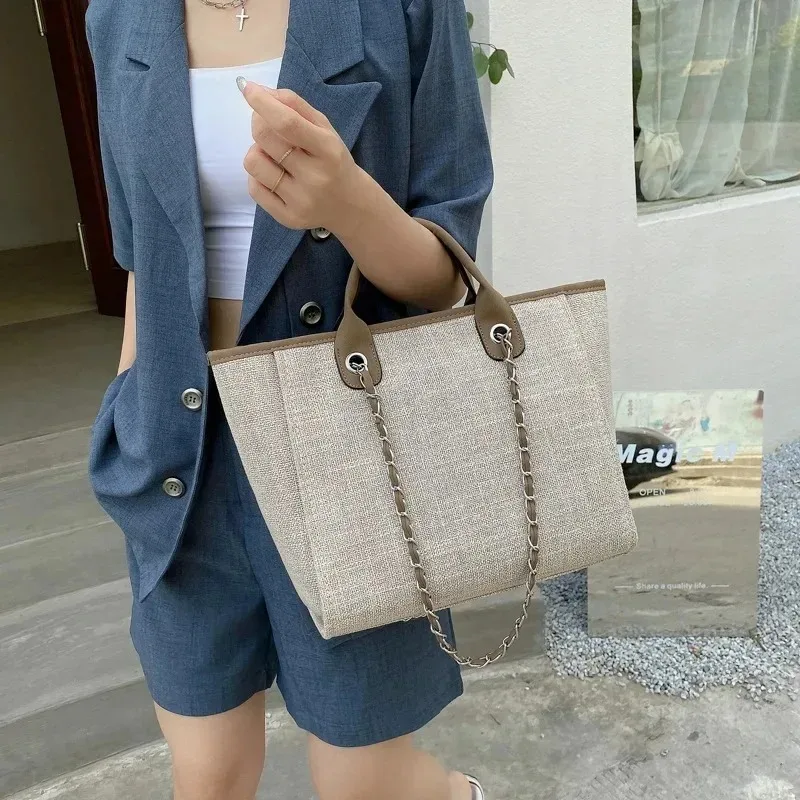 

Женская сумка-тоут, модная холщовая сумка большой вместимости, повседневная сумка через плечо с цепочками, большая сумка-мессенджер для женщин, сумка для покупок