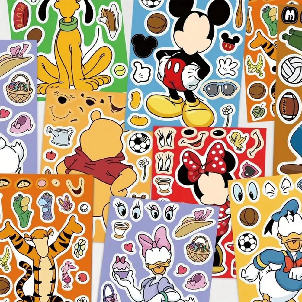 

8/16sheets Disney Mickey Mouse Puzzle Stickers Cute Minnie Make a Face Assemble Jigsaw DIY Cartoon Sticker Funny Party Toy Gifts