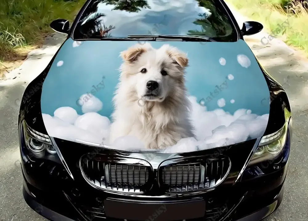 White Fluffy Cute Dog Car Hood Vinyl Stickers Wrap Vinyl Film Engine Cover Decals Sticker Universal Car Hood Protective Film