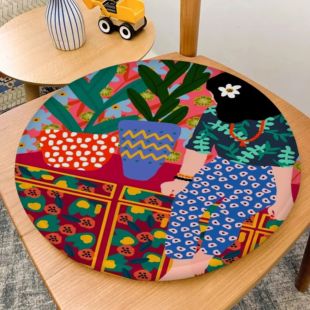 Girl Relaxing Green plants Print Cushion Mat Round Chair Mat Soft Pad Seat Cushion For Dining Patio Home Office Indoor Outdoor