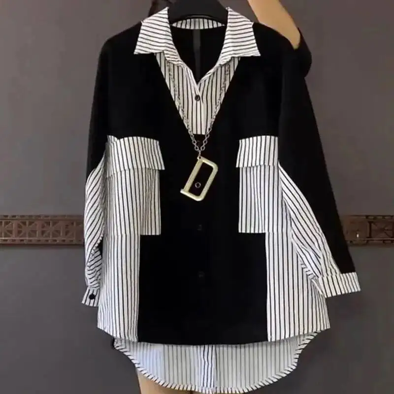 

2025 Fashion Korean Striped Patchwork Shirt Female Casual Long Sleeve Loose Single-Breasted Blouse Women's Clothing