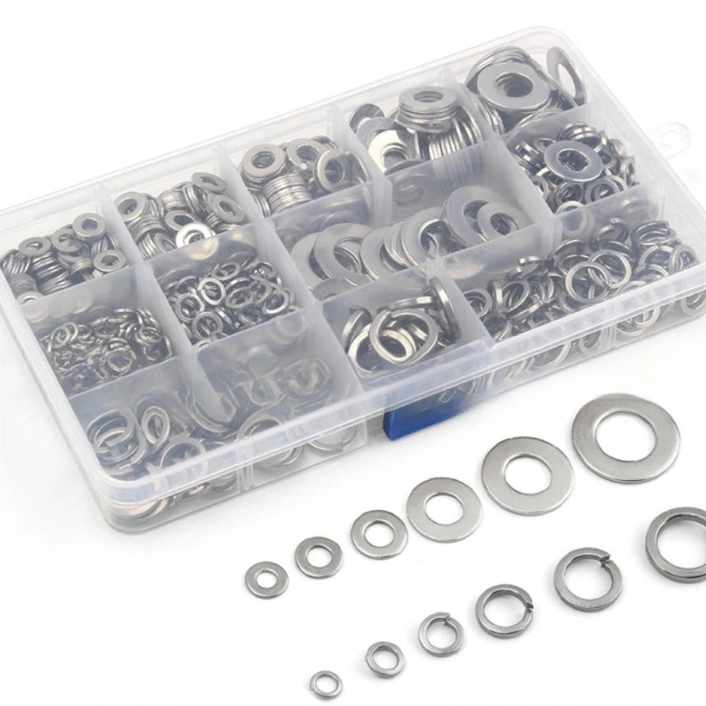 

800pcs 304 Stainless Steel Flat Washers + Standard Spring Washers for M4 M5 M6 M8 M10 and M12 Sizes Fasteners Washers Gasket