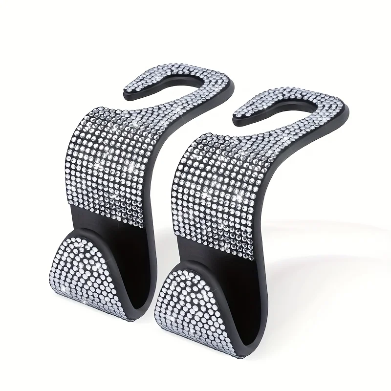 2pcs Dazzling Sequined Diamond-Studded Car Back Seat Headrest Hooks Stylish Car Handbag Holders with Adjustable Shoulder Straps