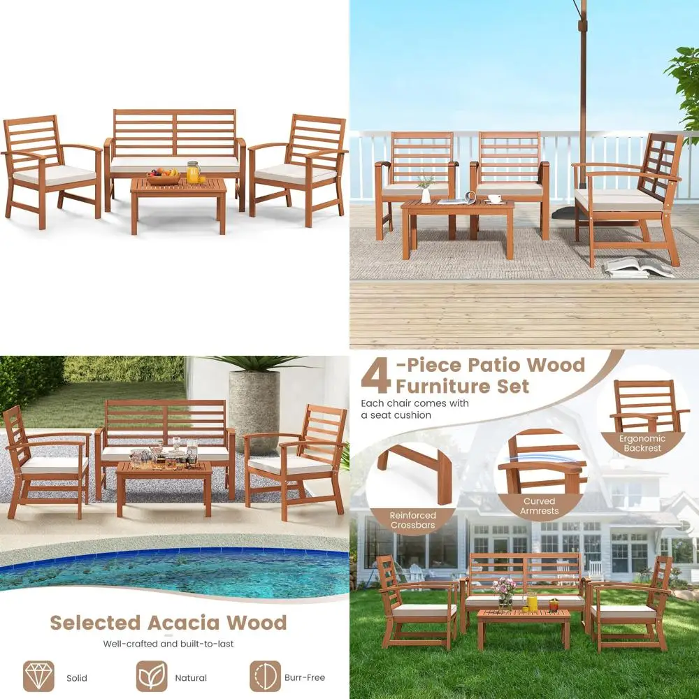 

4-Piece Outdoor Furniture Set with Acacia Wood and White Seat Cushions for Patio, Porch, and Poolside