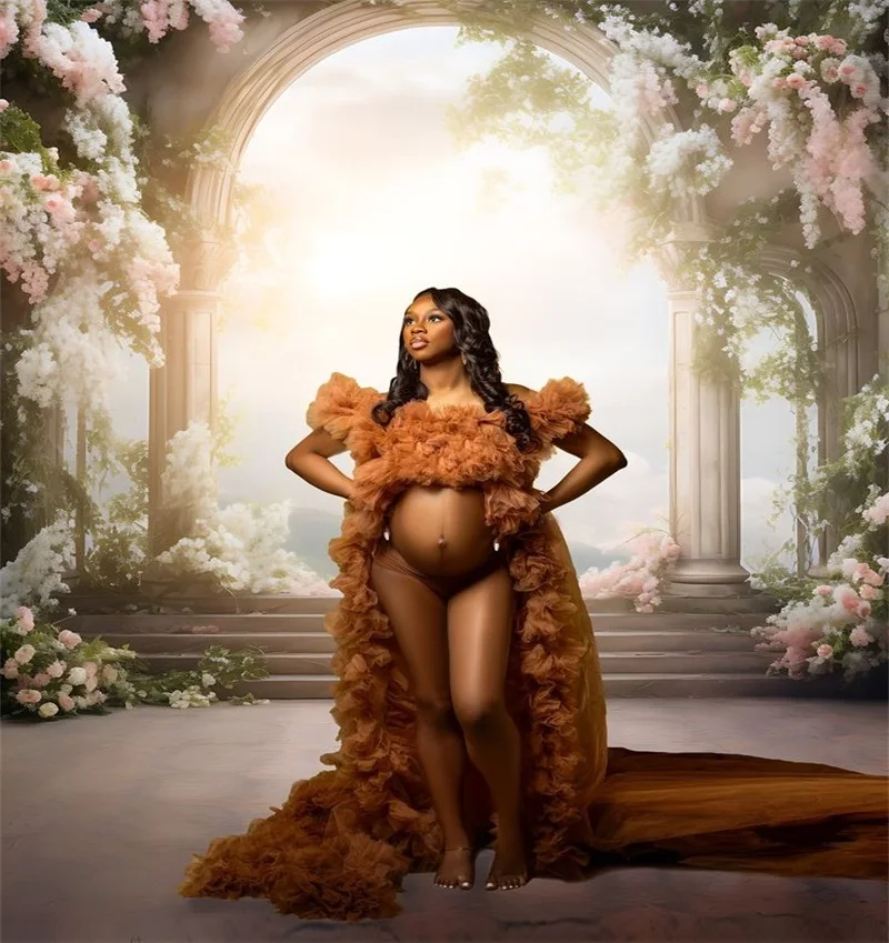 Brązowa damska sukienka w ciąży seksowna z odsłoniętymi ramionami bez rękawów z rozcięciem wielowarstwowa tiulowa wieczorowa suknia wieczorowa dostosowana formalna suknia ślubna