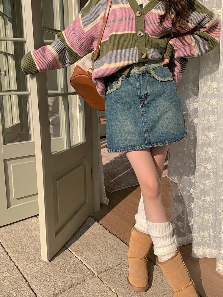 

High Waist Blue Denim ort Skirt for Women Commute Sle A-Line Slimming Skirt Korean Version Zipper Design Casual Ocn