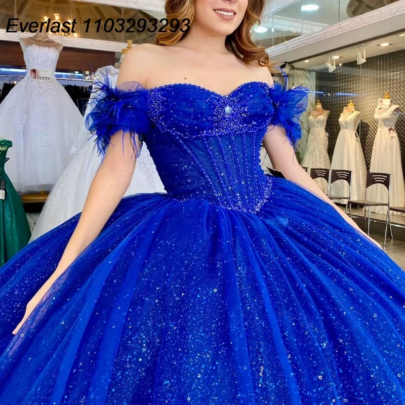 EVLAST Dostosowana suknia balowa Royal Blue Quinceanera Koronkowa aplikacja z cekinami Meksyk Gorset Sweet 16, Vestido De 15 Anos TQD299