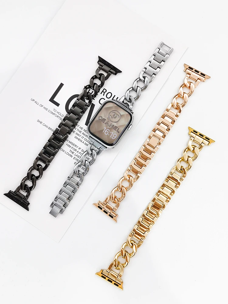 Luxury Metal Chain Strap for Apple Watch Band 45mm 44 49 38 40 41 42mm Stainless Steel Women Bracelet for iWatch 9 8 7 SE 6 5 4