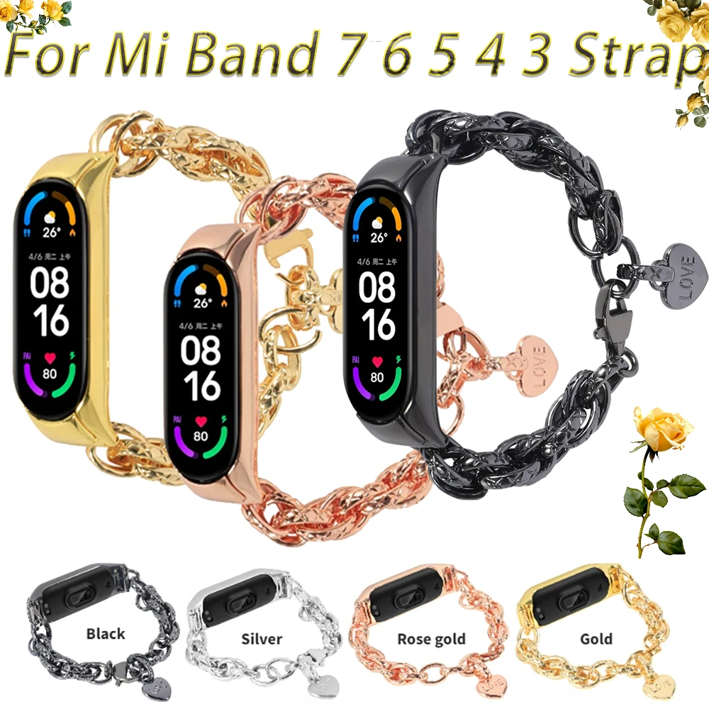 Luxury Metal Strap for Xiaomi Mi Band 7 6 5 Stainless Steel Bracelet Belt with Heart Chain Correa for Mi Band 4 3 Exquisite Band