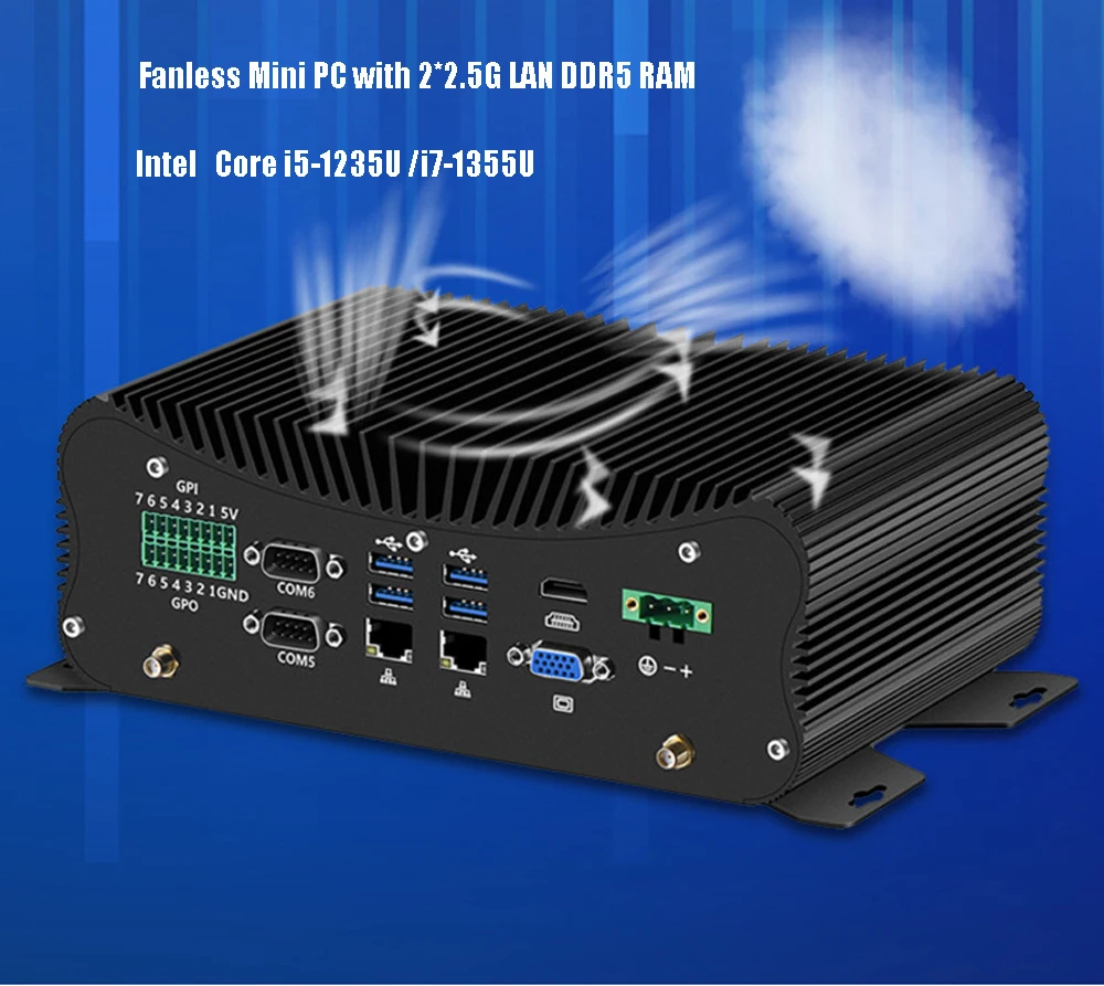 Lüfterloser Mini-PC der 13. Generation Core i7-1355U i5-1235U 2,5G LAN DDR5 Industrieller robuster Computer 2xIntel i225 HDMI VGA GPIO Windows11