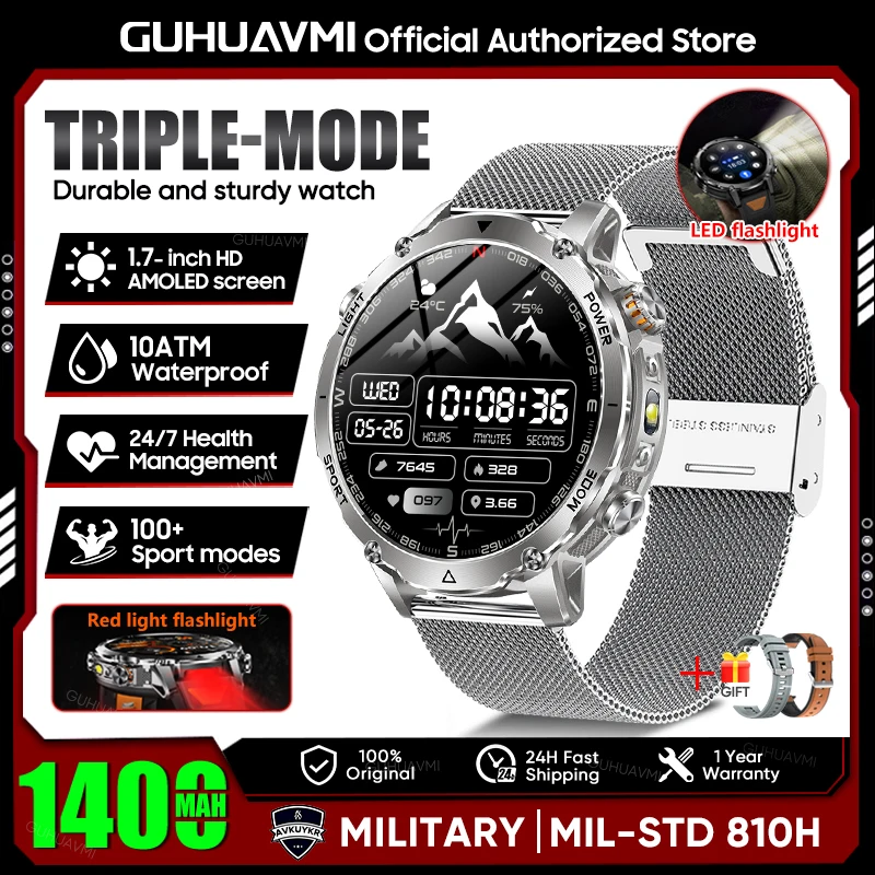 2026 Neue TANK Ultra 1400mAh Batterie Militär-Smartwatch 10ATM Wasserdicht Herzfrequenz Taktische LED-Taschenlampe Herren Sportarmband