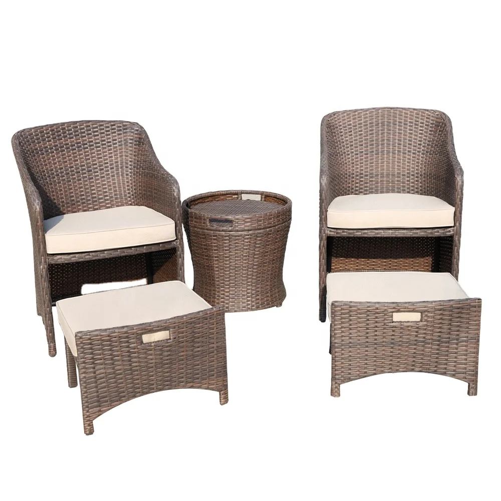 

5pc Resin Wicker Outdoor Furniture Set PE Rattan Chat Set Small Patio Set With Armchair Stool Cushion And Table