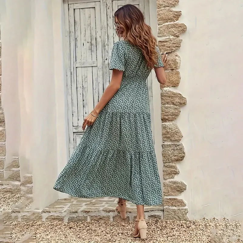 Y.KUKU New Vestidos Largos Elegant Party Dresses Woman Short Sleeve Printed Casual Vacation Boho Loose Maxi Long Dress Femme