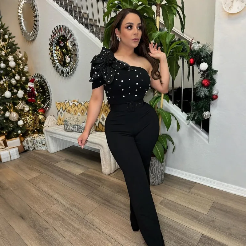 

KEXU Sexy One Short Sleeve Strapless Diamonds Women Jumpsuits Summer Rhinestones Evening Party One Piece Set Romper Playsuit