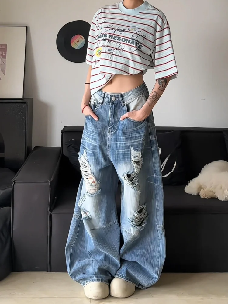 

Retro American Washed Distressed Wide Leg Denim Jeans for Women Summer Design Loose Slimming High Waist Knife Pants