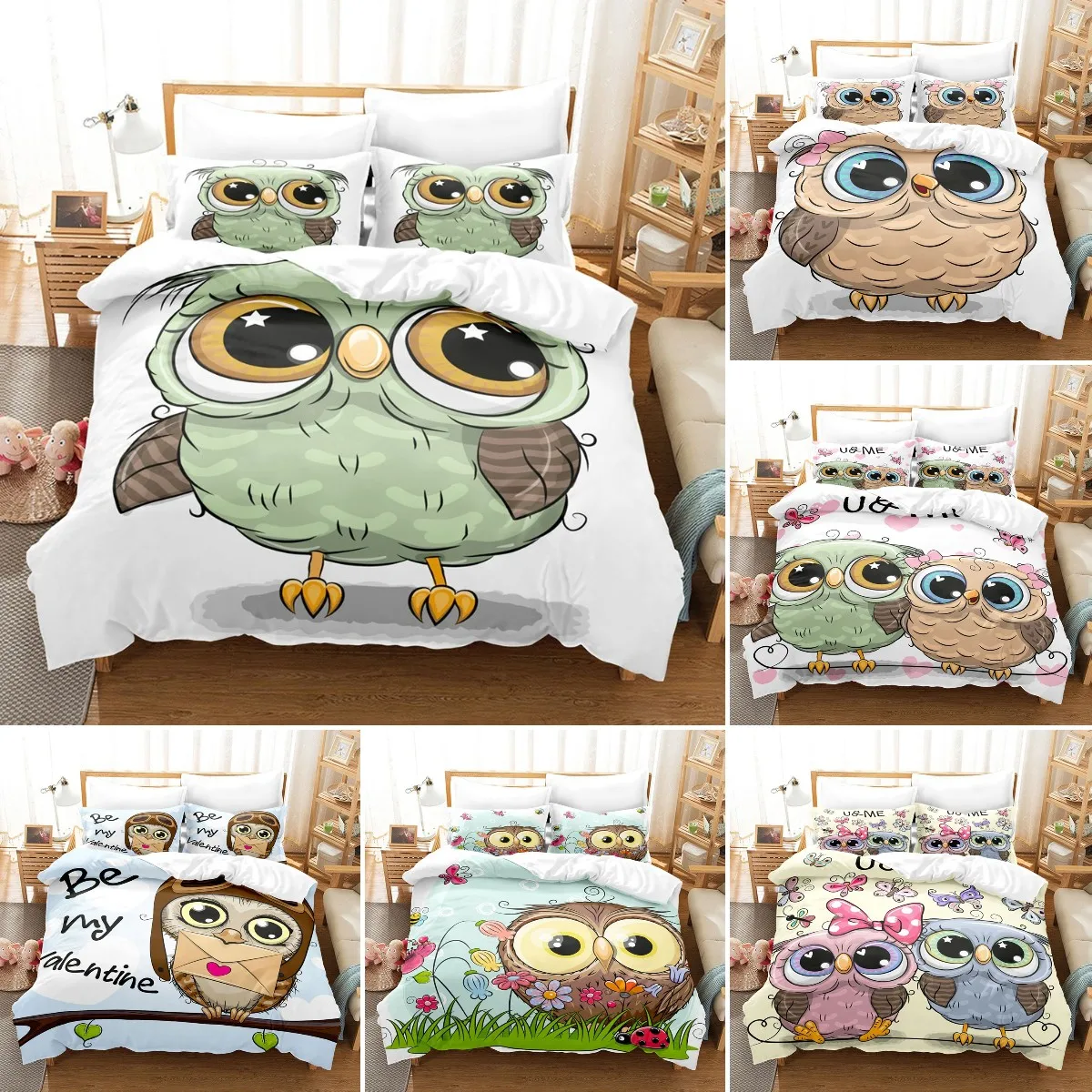 

Owl Bedding Set Lovely Green Cartoon Owl Duvet Cover Set For Kids Boys Girls, Bird Animal Print Decor Duvet Cover