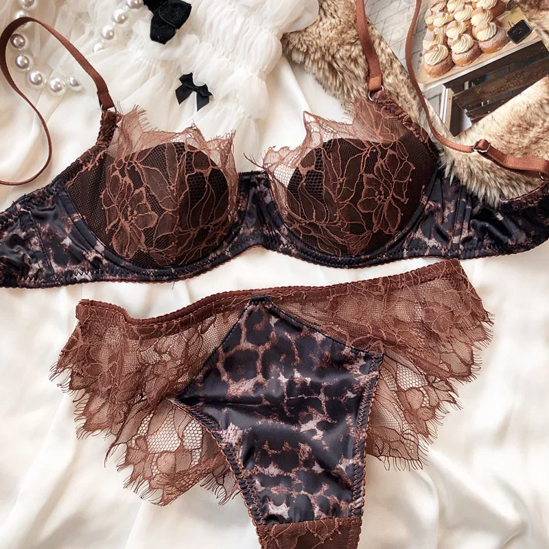 sexy-lace-leopard-satin-underwear-hottie-lingerie-set-thin-large-breasts-show-small-gathered-soft-steel-ring-bra-sets