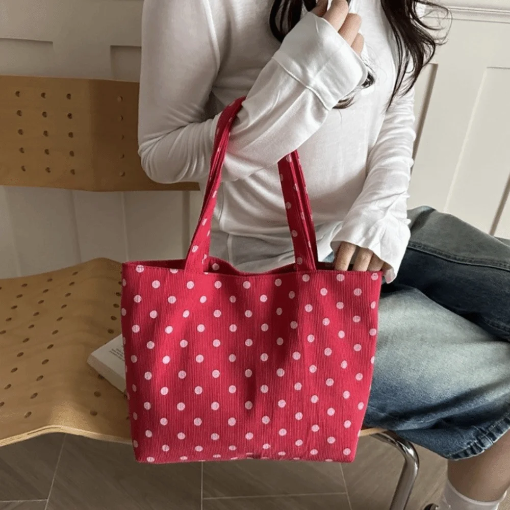 Spacious Open Design Polka Dot Printed Handbag Exquisite Practical Vintage Shoulder Bag Dual Handles Elegant Shopping Tote Women