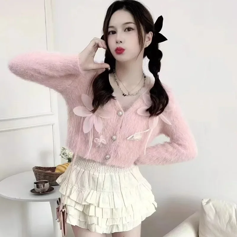 ​Chic Bowknot 3D Floral Knitted Cardigan 2025 New Autumn Winter Vintage Faux Raccoon Fur Short Sweater Coat Top Sweet​