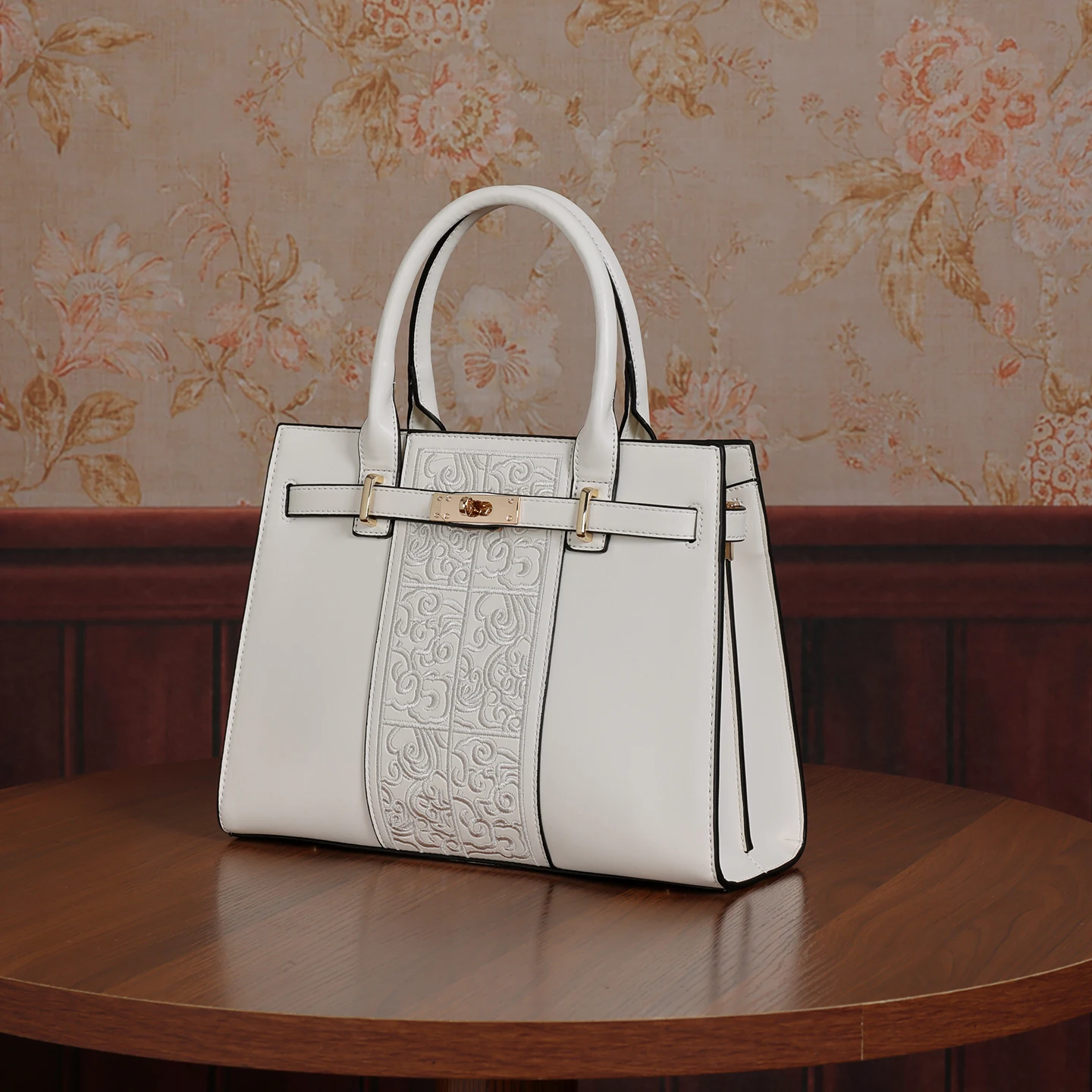 French Elegant Embroidered Satchel Bag, Vintage White Belted Structured Purse, Baroque Jacquard Commuter Shoulder Handbag