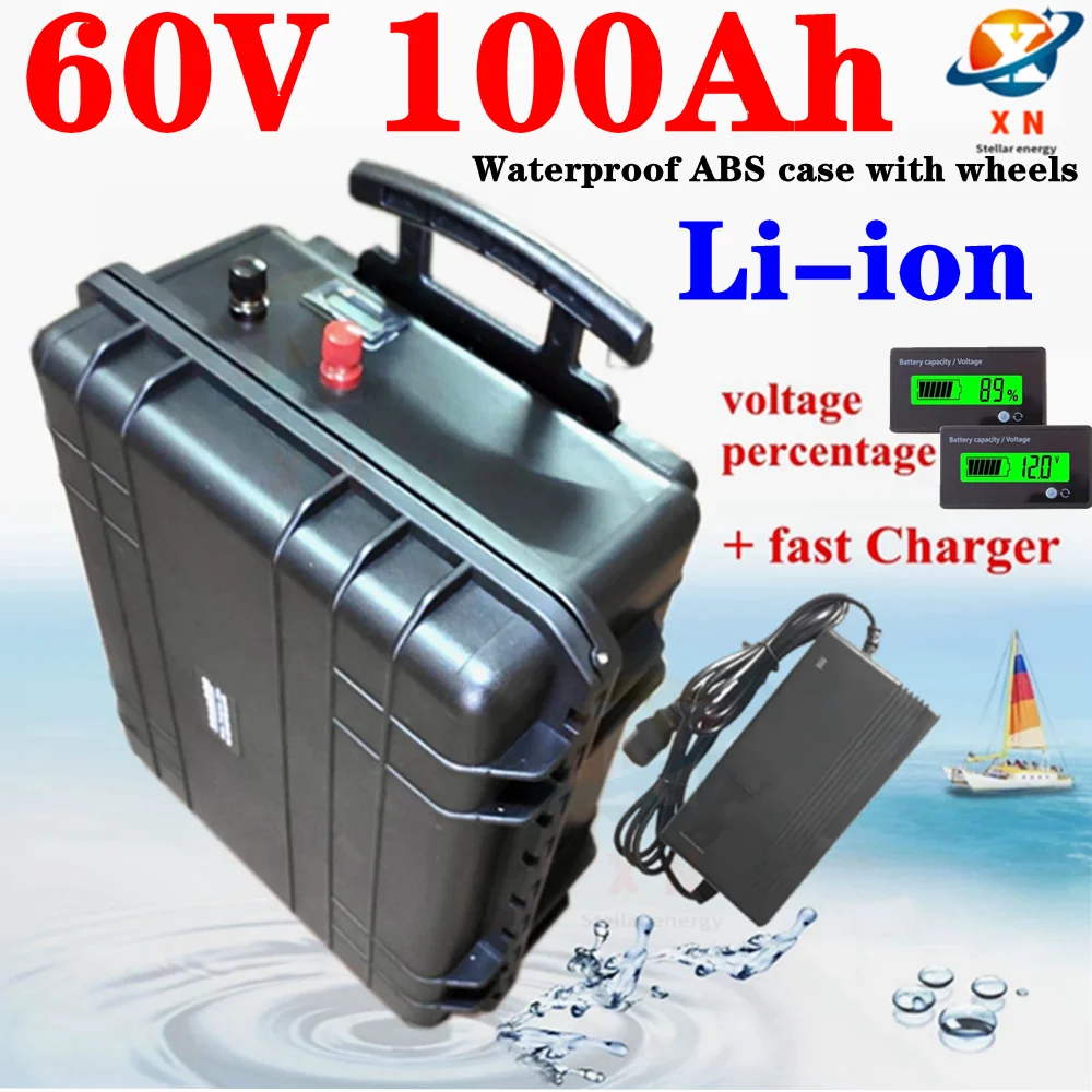 waterproof Lithium ion 60V 100AH li ion with BMS wheel trolley case for Forklift scooter ebike sweeper tricycle +10A Charger