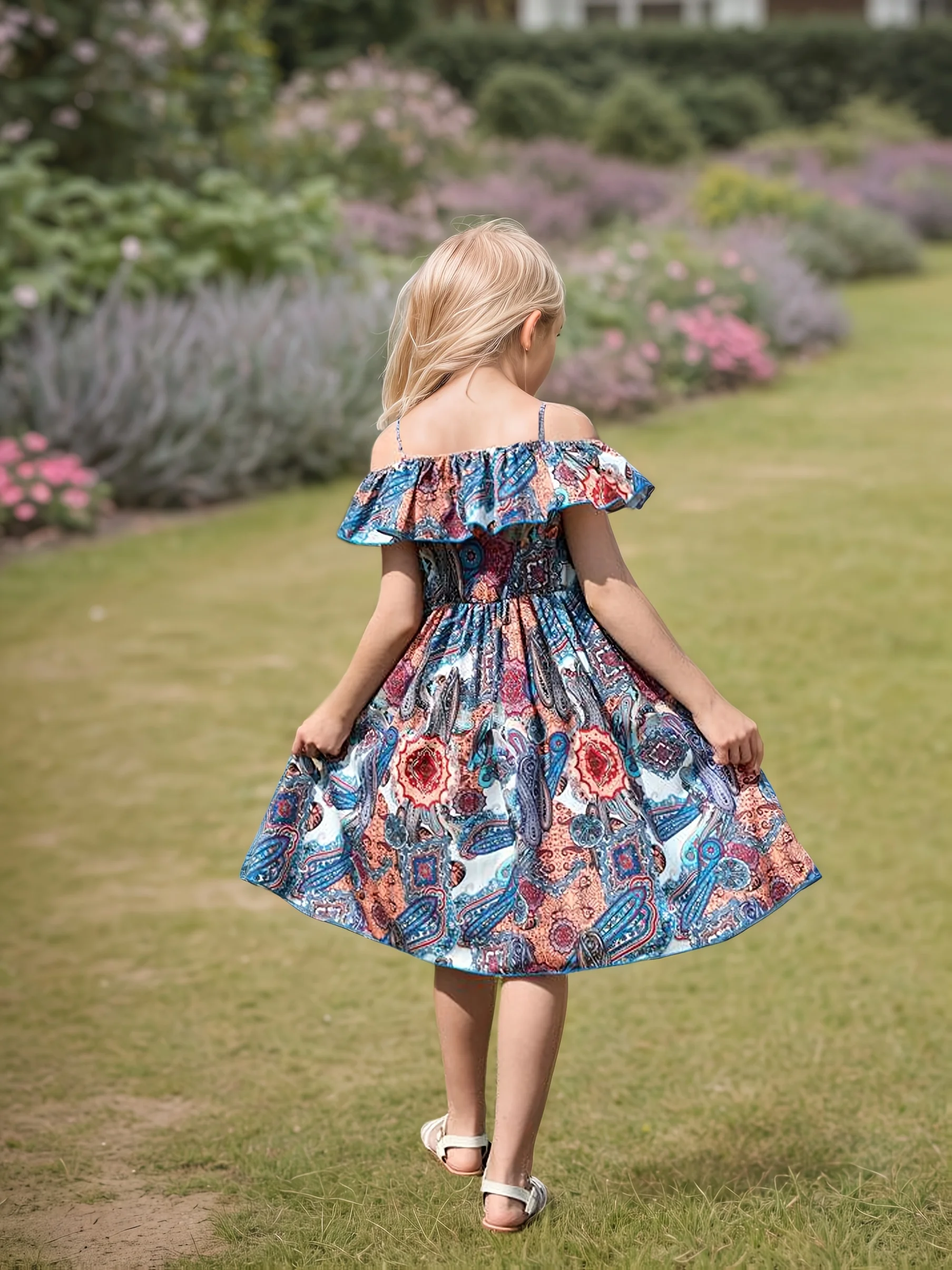 Girls Summer 7-14 Years Spaghetti Strap Off Shoulder Ruffle Trim Colorful Tropical Print Dress for Beach Vacation Kids Stylish